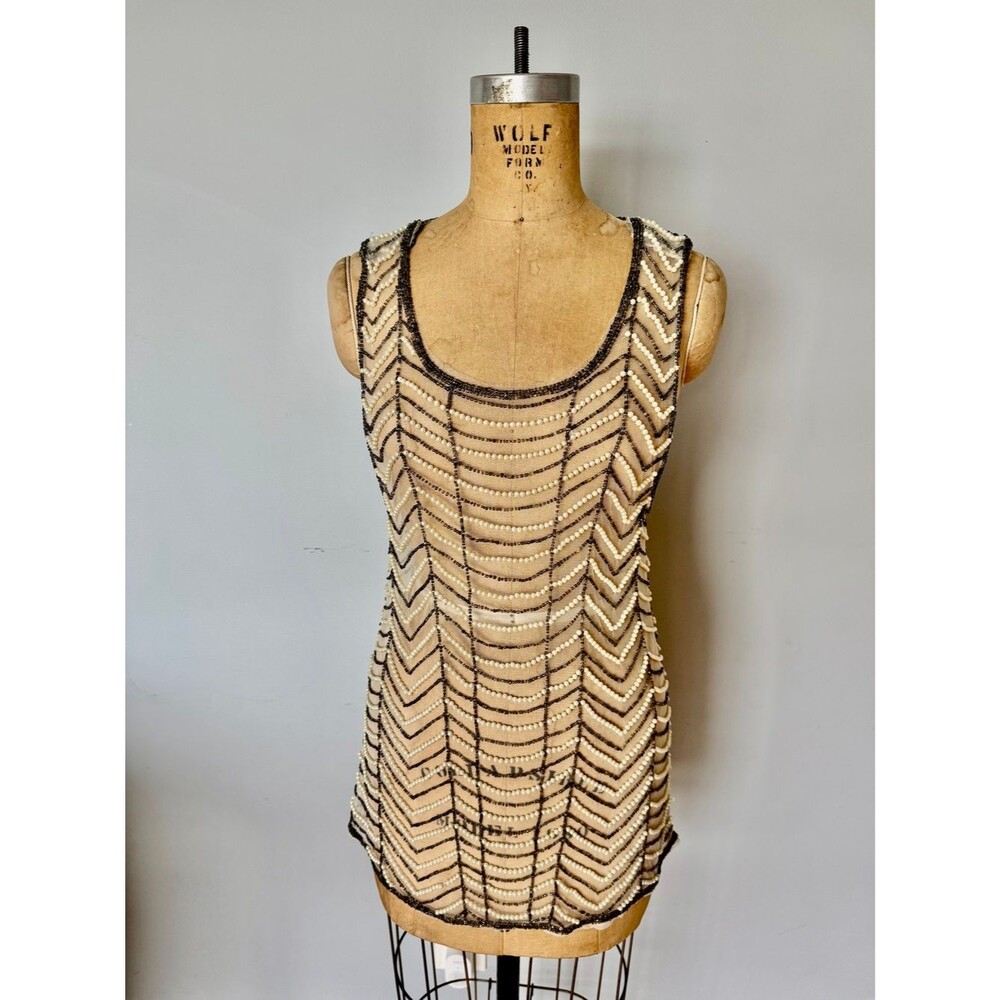 Y2K Zara Sheer Beaded Art Deco Festival Ivory Grey Sleeveless Tank Top Size M